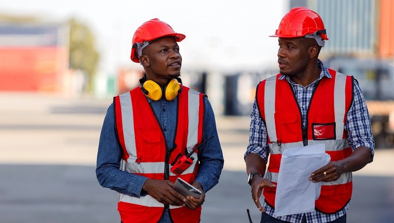 Dois trabalhadores conversando no interior da empresa, utilizando equipamento de proteção individual (EPI), representando a avaliação de riscos realizada pela Comissão, uma das responsabilidades da CIPA.