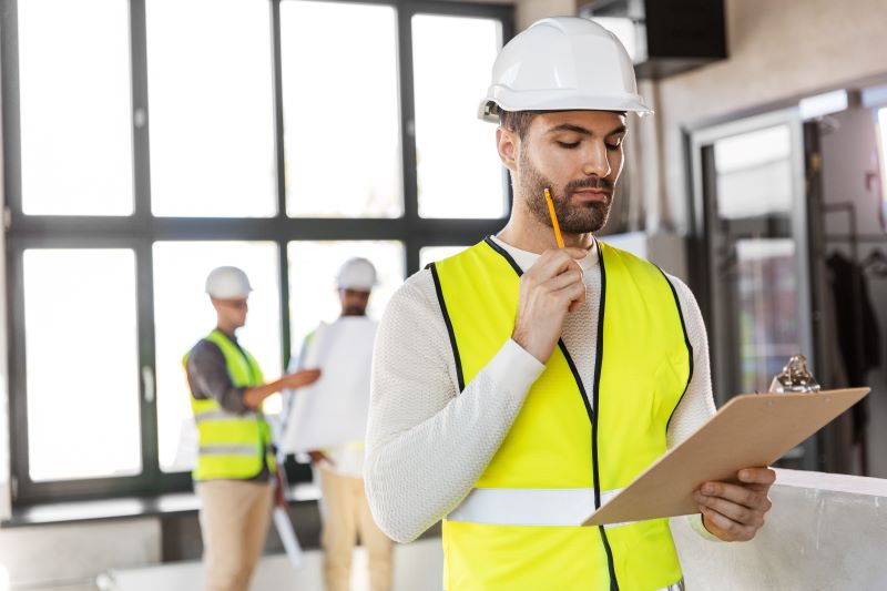 Engenheiro de segurança com prancheta e lápis desenvolvendo trabalho sobre prevenção de acidentes.