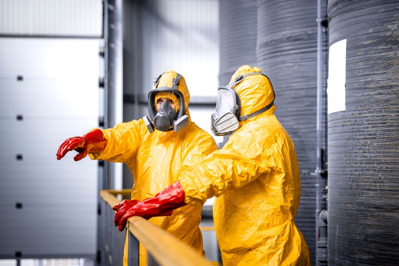 insalubridade e periculosidade​: trabalhadores de indústria química usando trajes de proteção e máscaras.